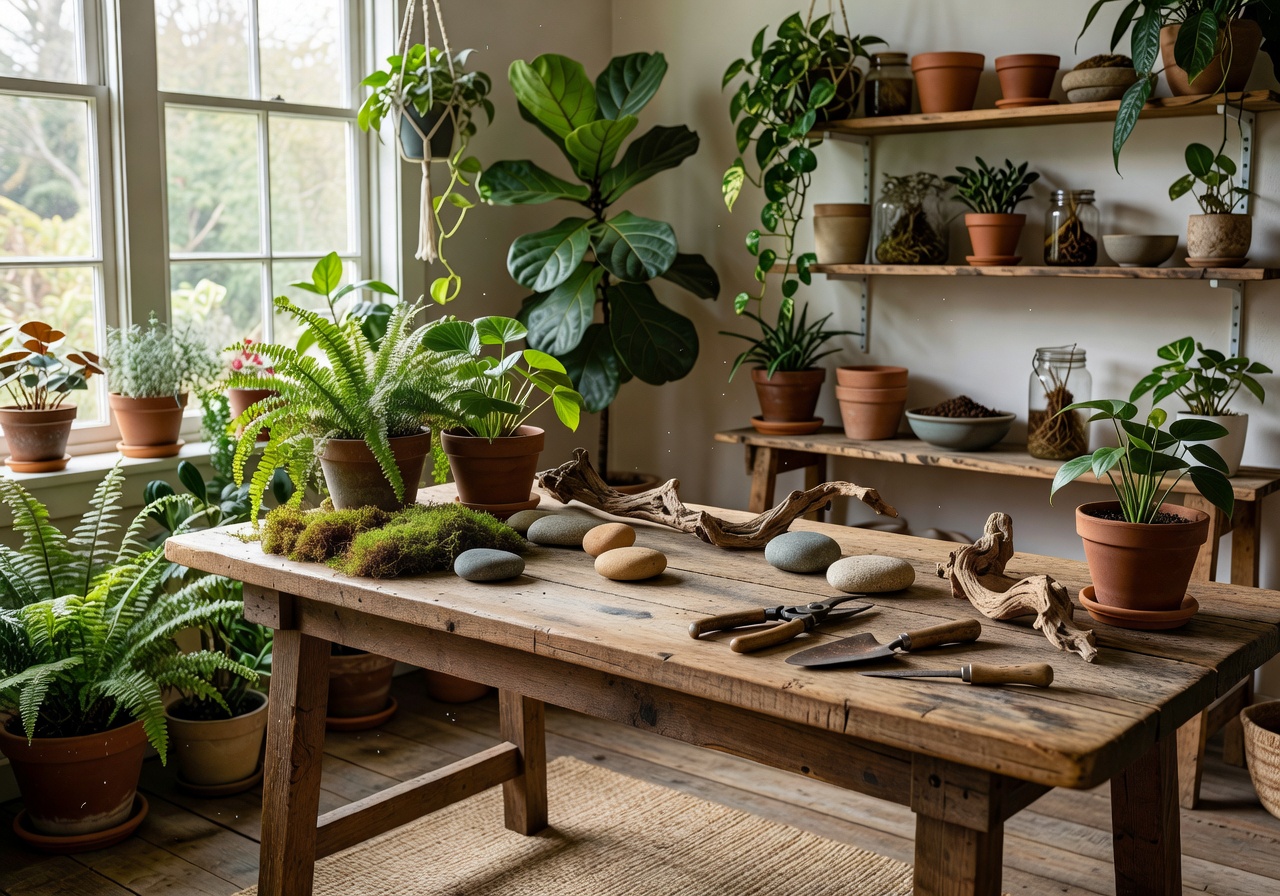 Botanical studio workspace with lush plants and natural materials
