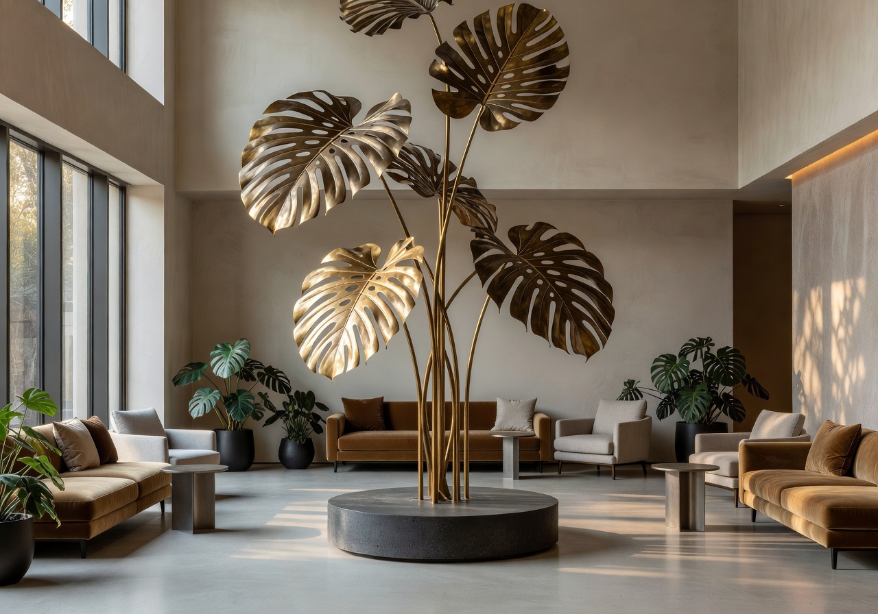 Boutique hotel lobby with sculptural Monstera installation