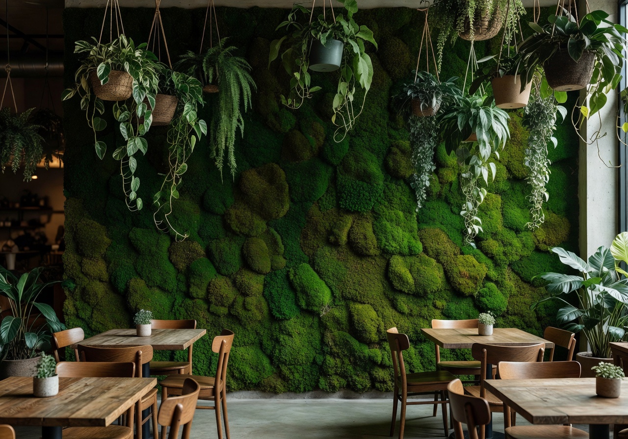 Café interior with green moss wall and hanging plants
