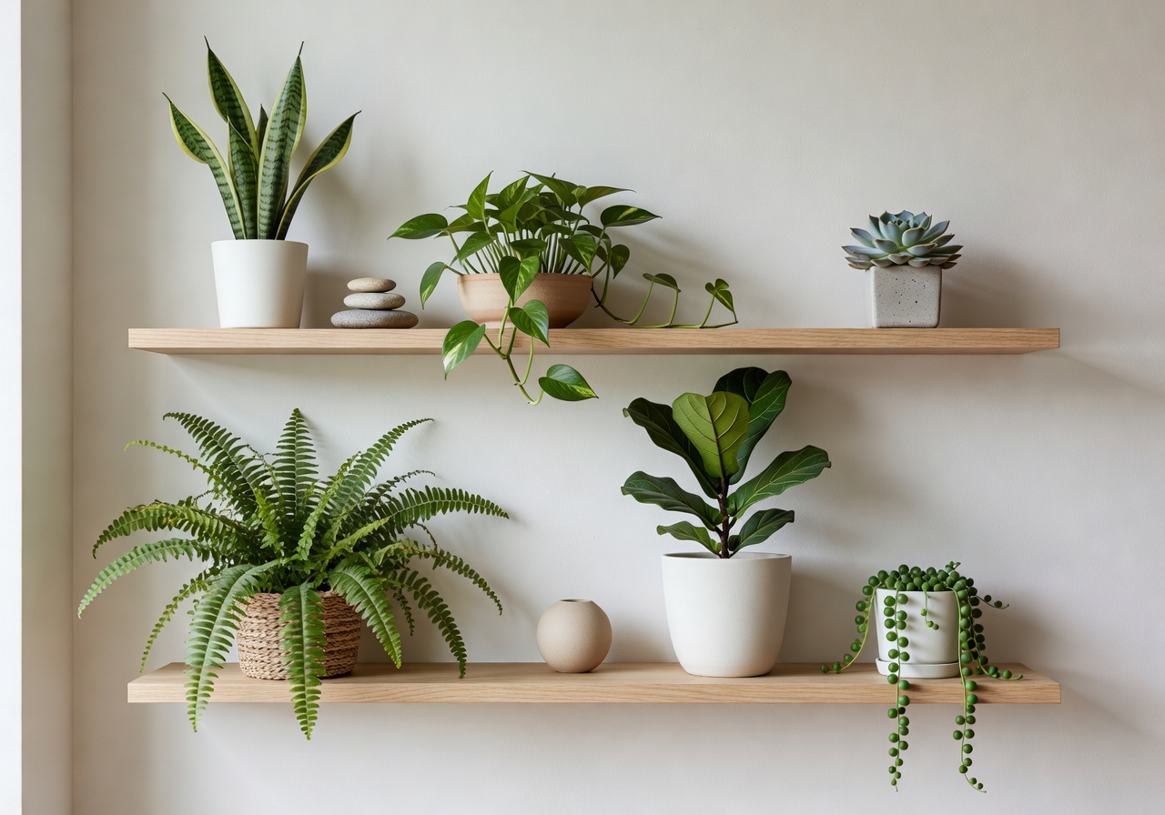 Curated indoor plant styling on minimalist shelves