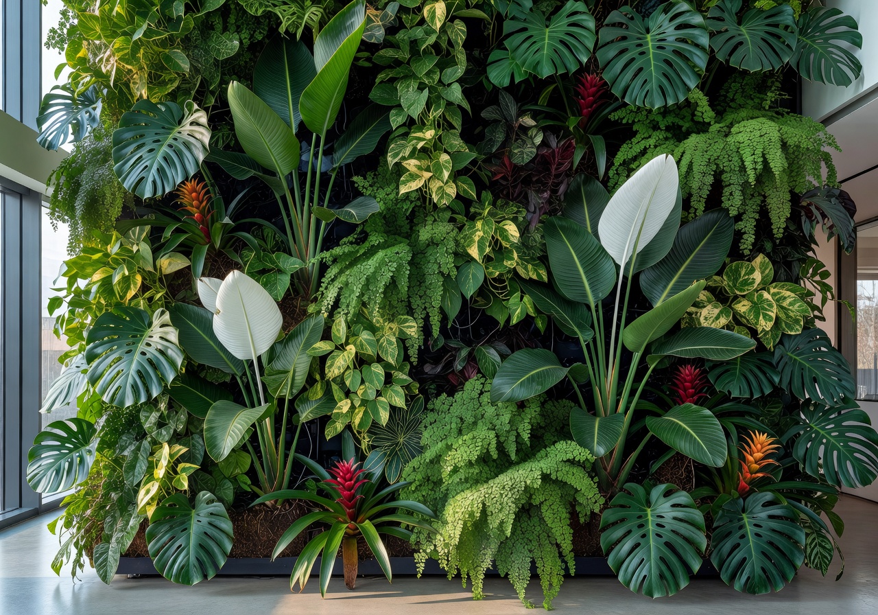 Custom living wall installation with mixed tropical foliage