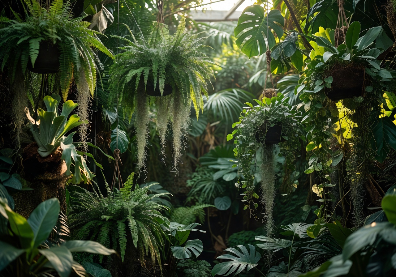 Lush indoor jungle with hanging tropical plants and natural light