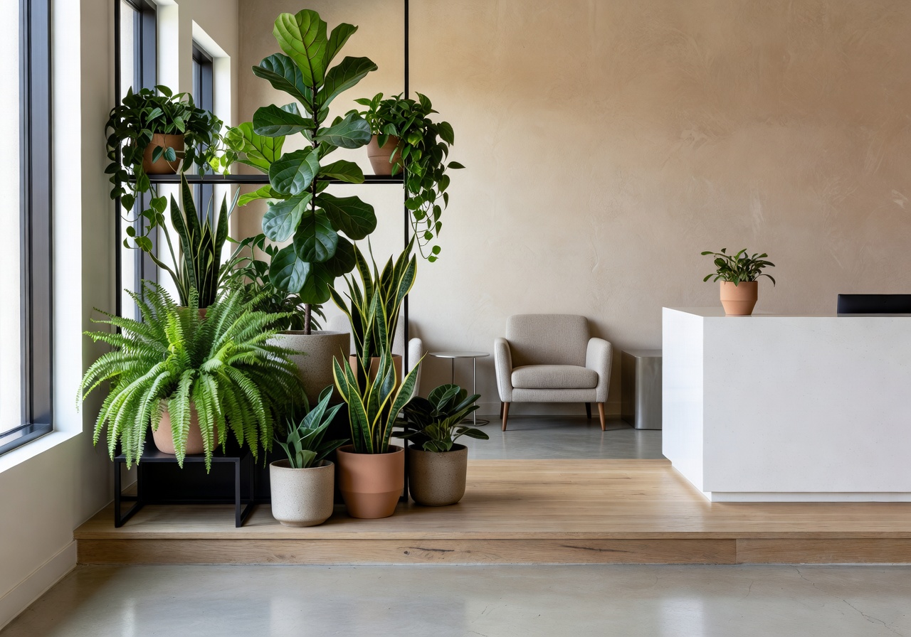 Modern office reception with curated indoor plant arrangement