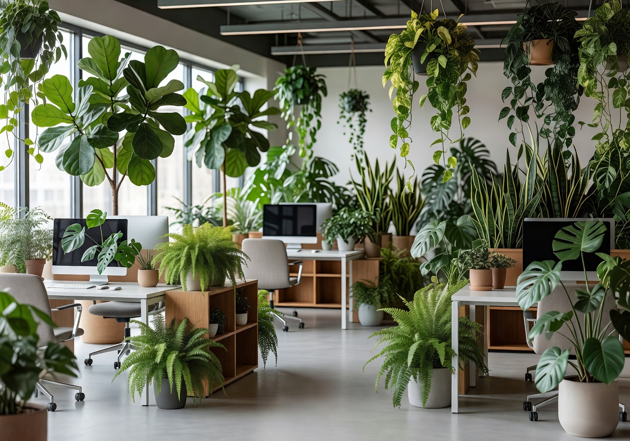 Modern office workspace greened with abundant indoor plants