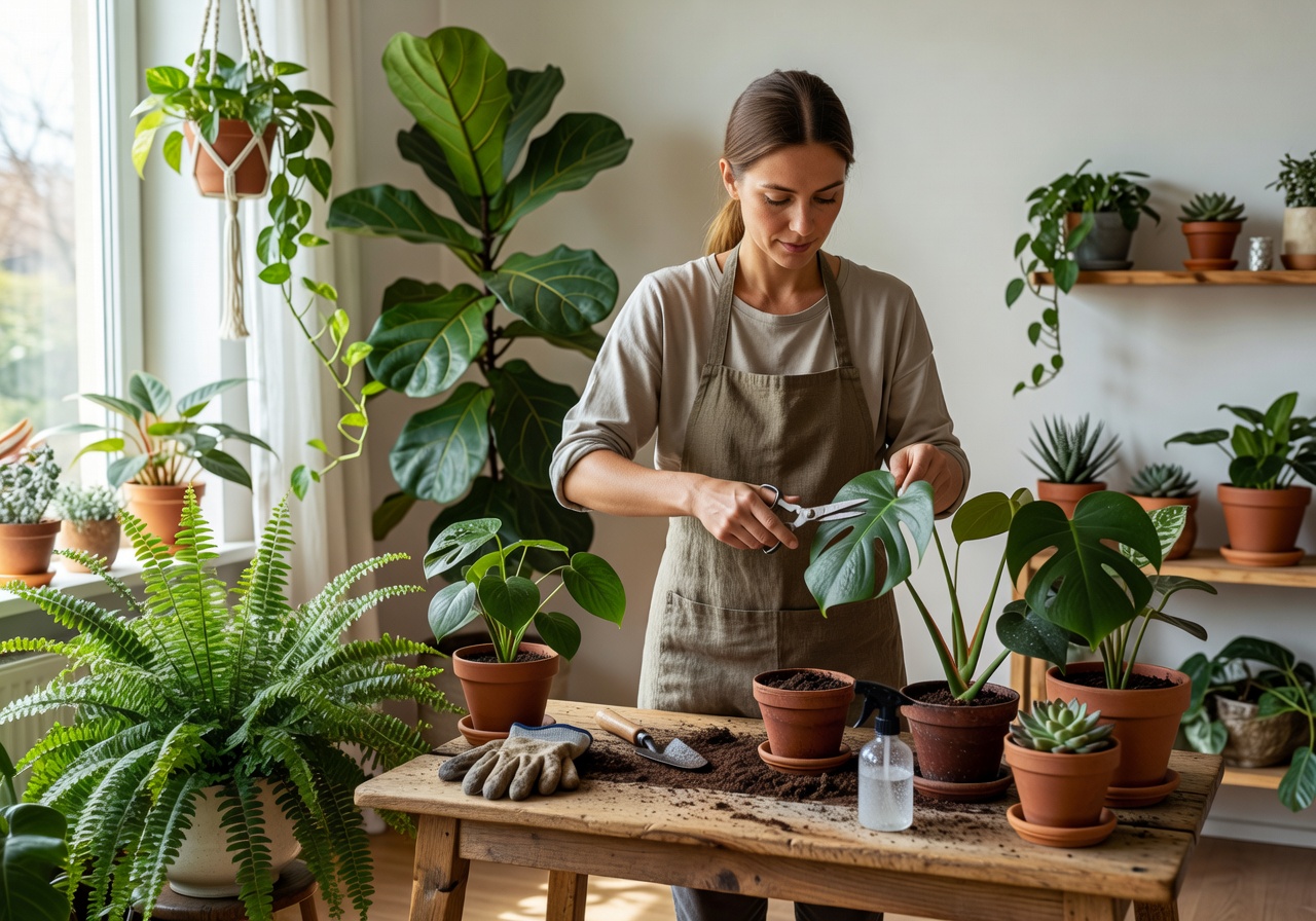 Plant care specialist tending to indoor plants